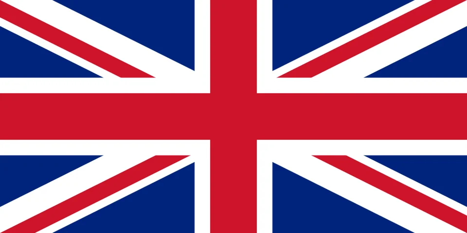 A bandeira do Reino Unido — a Union Jack: as cruzes combinadas de São Jorge, Santo André e São Patrício em vermelho, branco e azul.